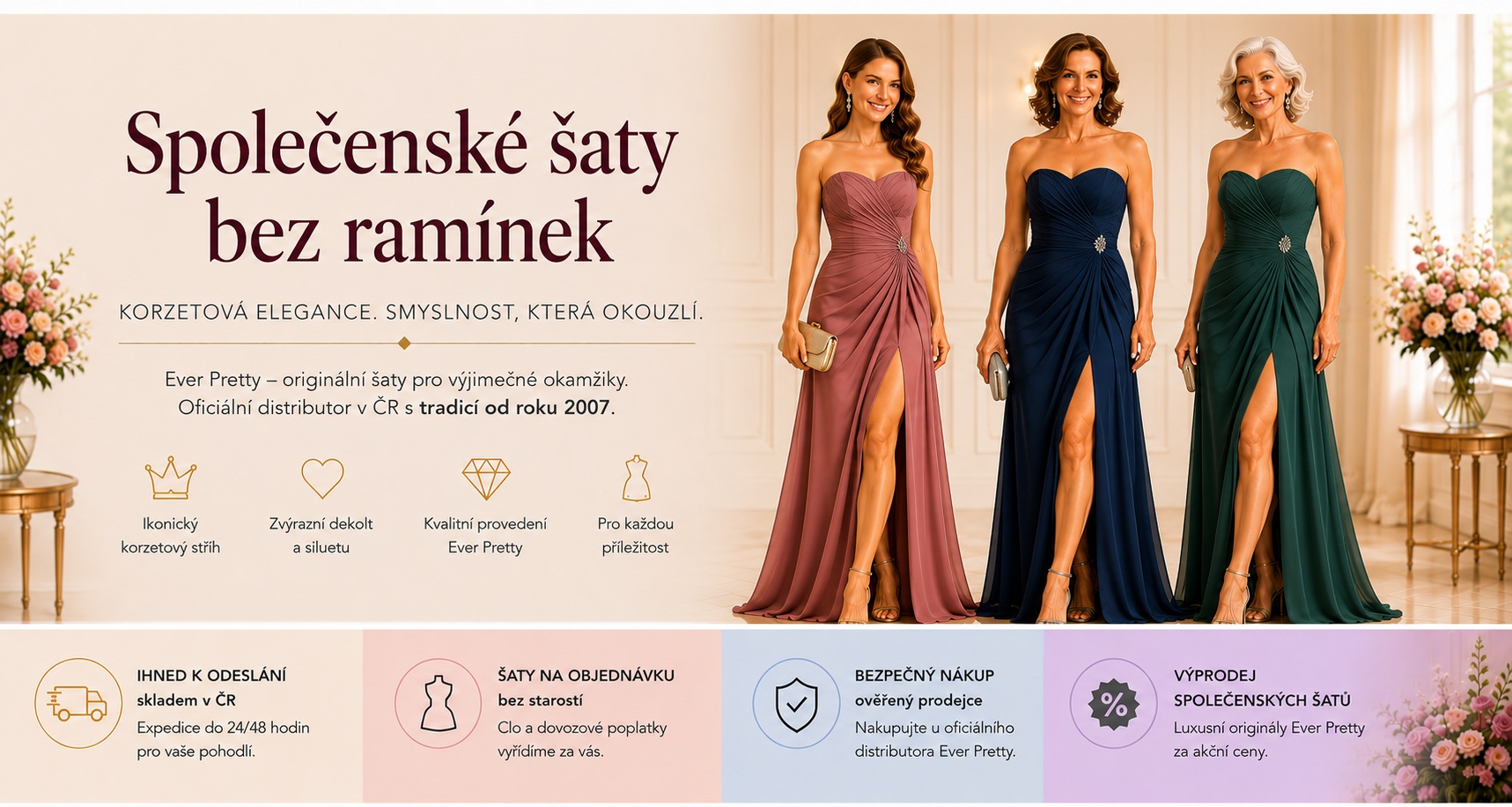 Společenské šaty bez ramínek MODION distributor značky Ever Pretty